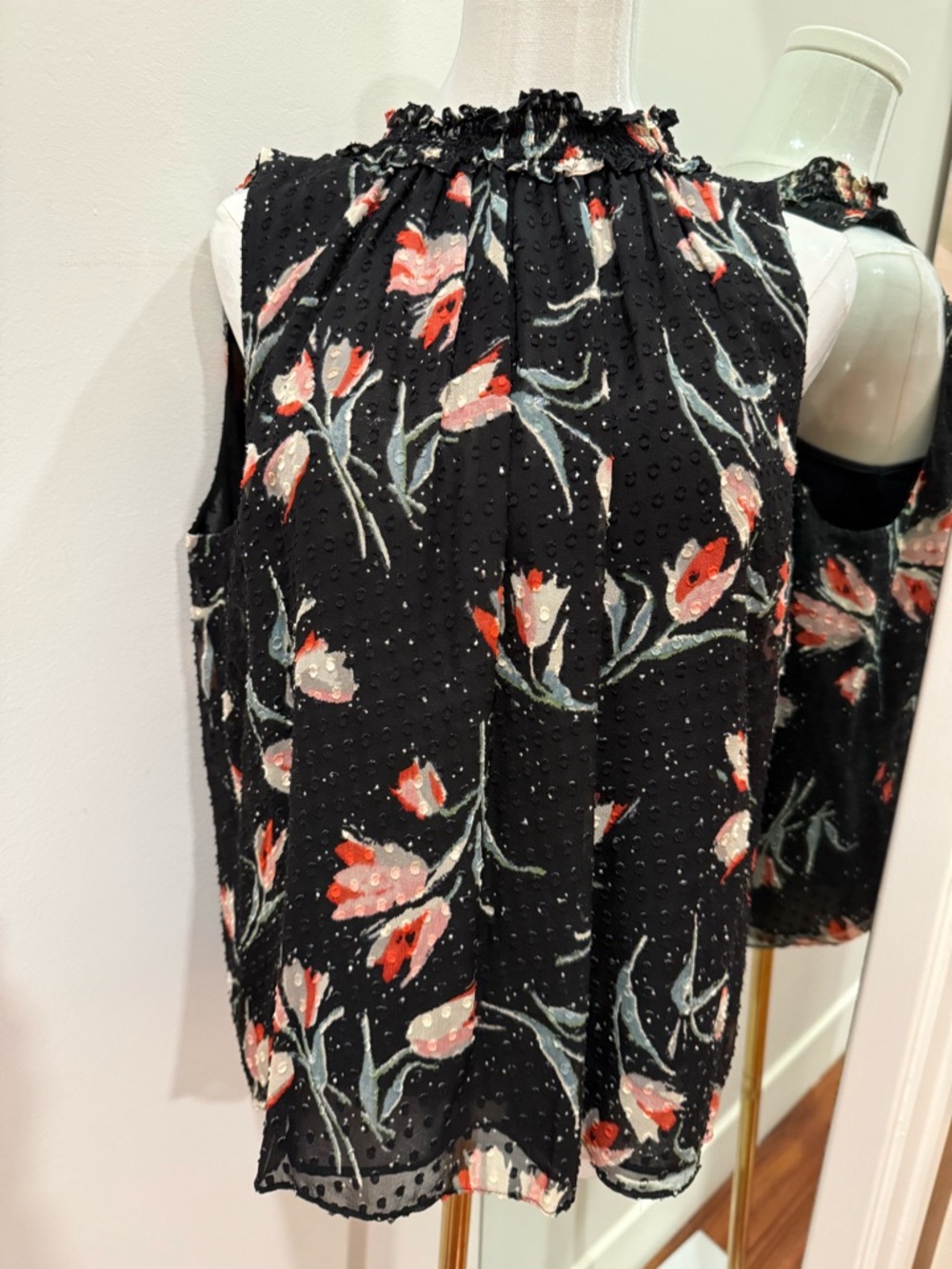 Rebecca Taylor Black Floral Sleeveless Smocked Neck Camisole